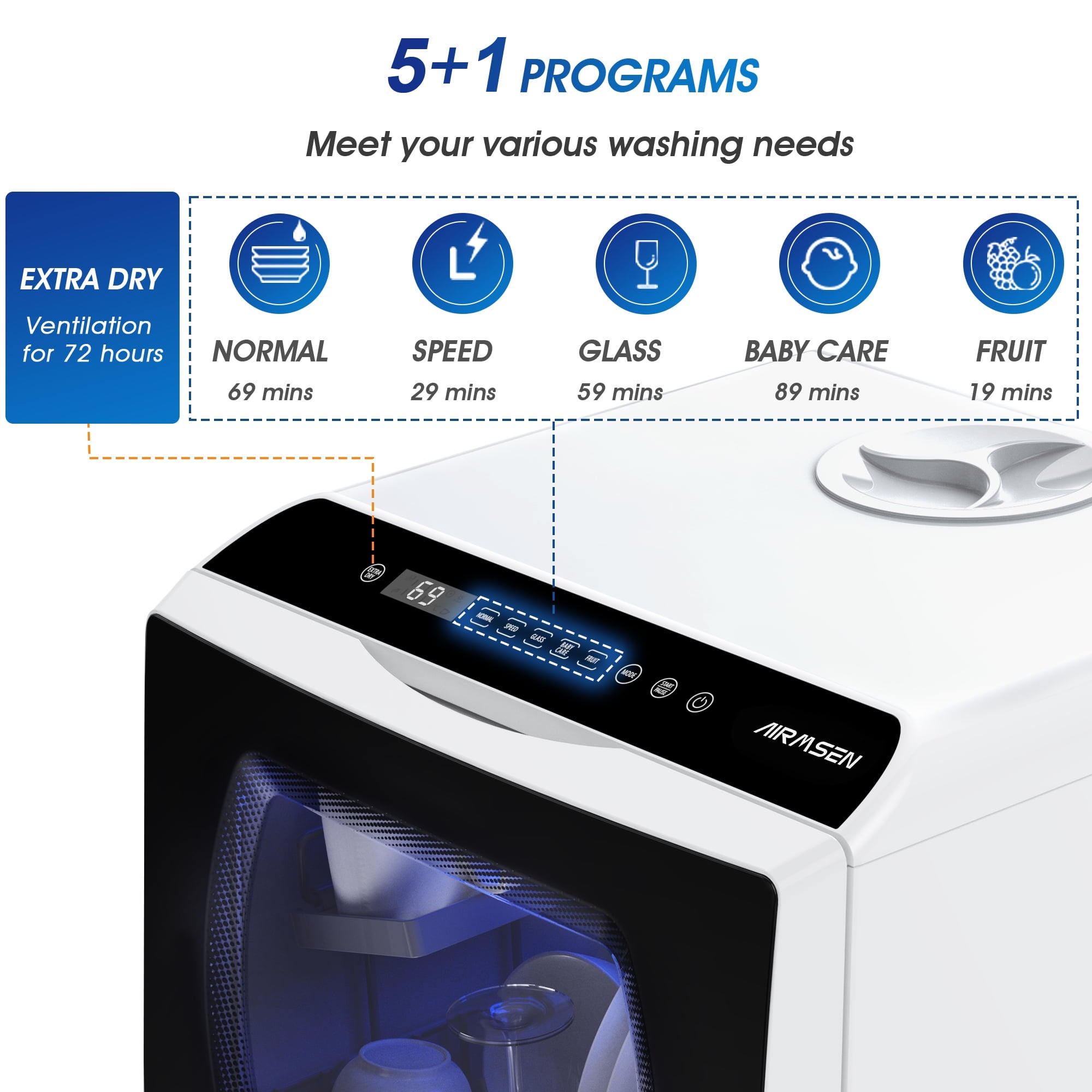 Portable Countertop Dishwasher with 5-Liter Built-In Water Tank and Air-Dry Function, 5 Washing Programs Mini Dishwasher, AE-TDQR03