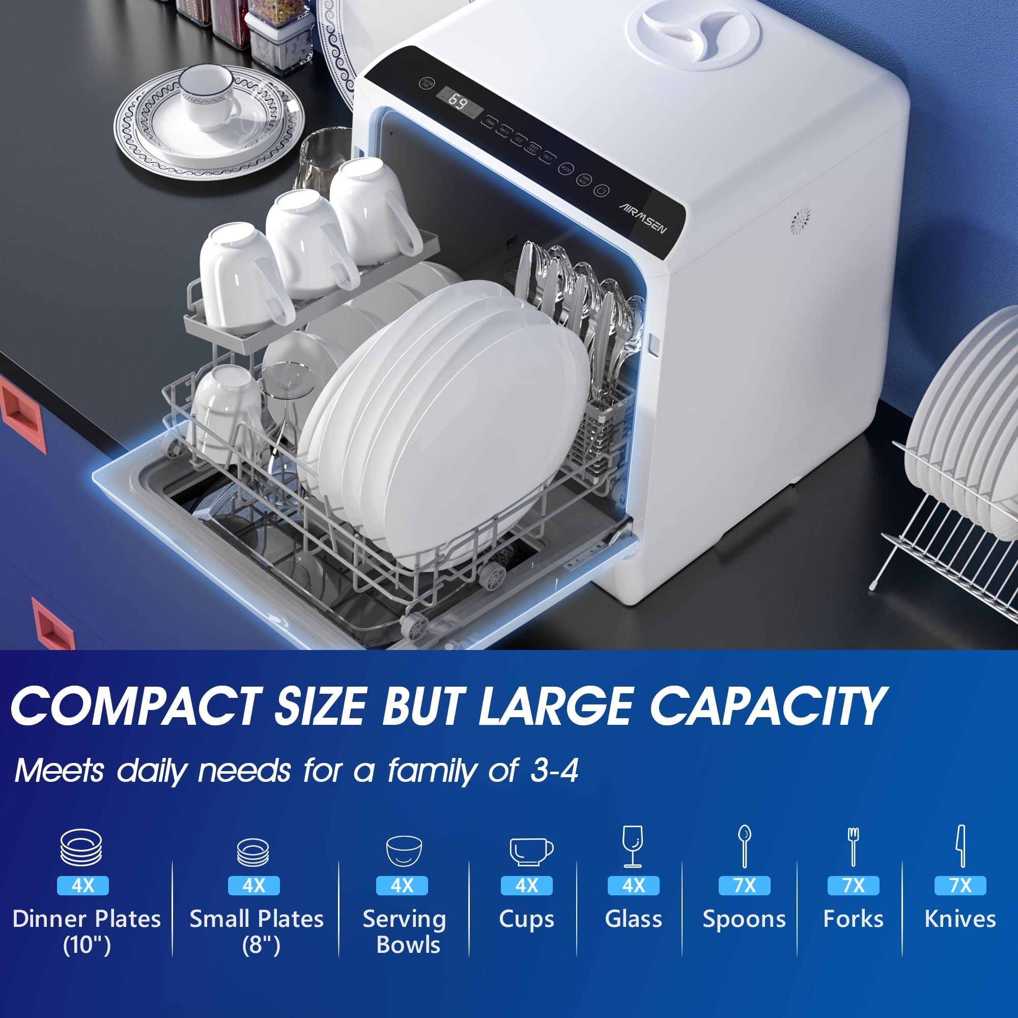 Portable Countertop Dishwasher with 5-Liter Built-In Water Tank and Air-Dry Function, 5 Washing Programs Mini Dishwasher, AE-TDQR03