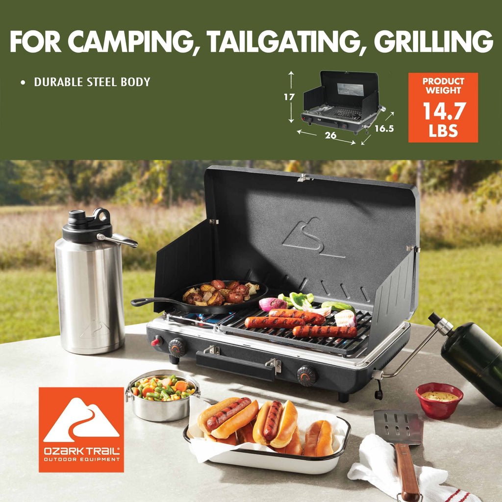 2-Burner 2-In-1 Portable Propane Outdoor Camp Stove and Grill